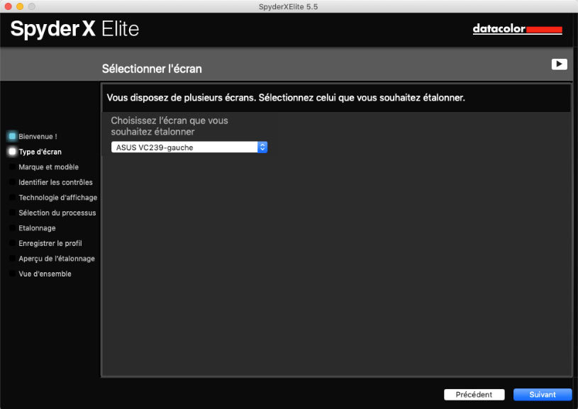 Sélectionner l'écran à calibrer avec la SpyderX Elite