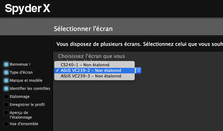 Sélectionner l'écran à calibrer avec SpyderX Pro
