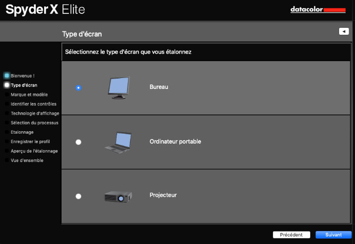 Sélectionner le type d'écran à calibrer avec SpyderX