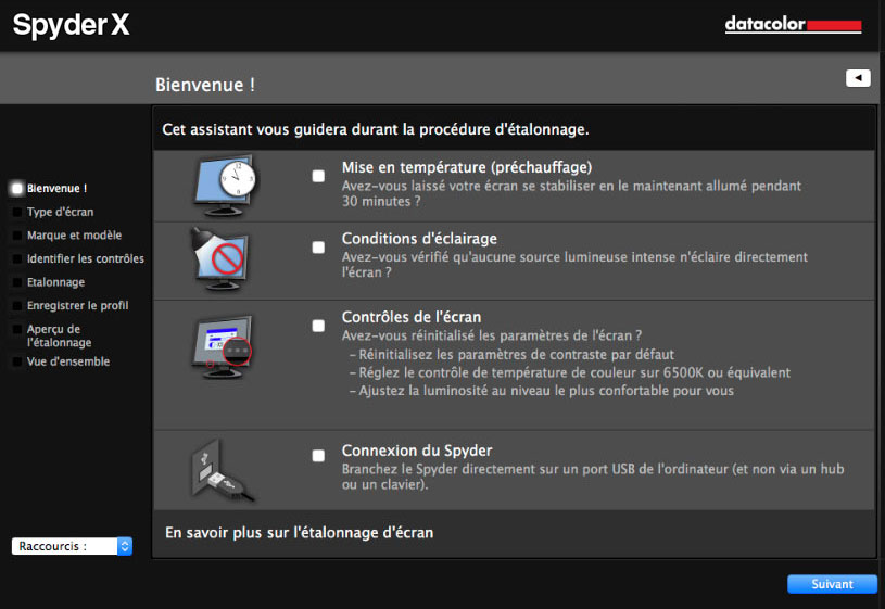 Écran de bienvenue du logiciel de calibrage SpyderX Pro