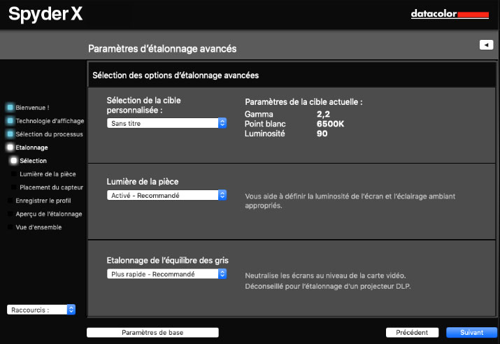 Paramètres avancés avant le calibrage écran avec Spyder5Elite