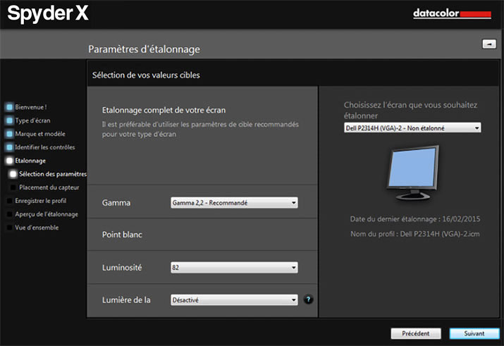 Paramètres d'étalonnage avant le calibrage écran avec Spyder5Elite