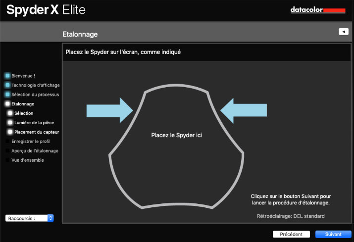 Placez le SpyderX Pro sur l'écran pour commencer le calibrage