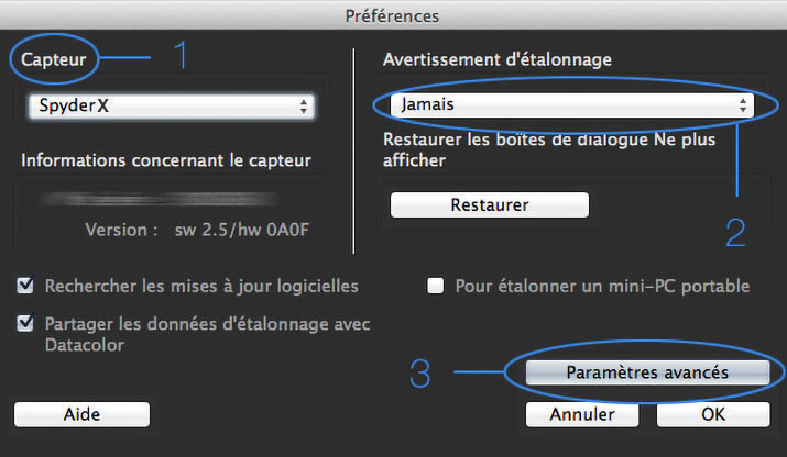 Préférences du logiciel de calibrage SpyderX Pro
