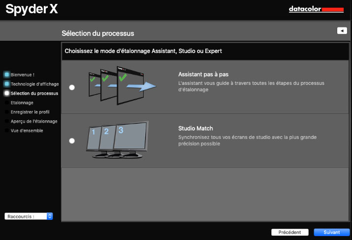 Sélection du processus avant le calibrage écran avec SpyderX Pro