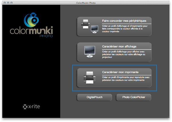 Menu principal du logiciel de calibrage Colormunki Photo