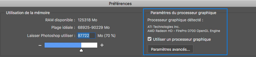 Activer l'accélération matérielle dans Photoshop graçe à la carte graphique