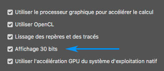 Options affichage 10 bits dans Photoshop
