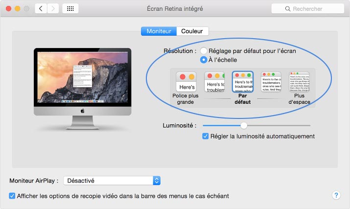 Option d'augmentation de la taille d'affichage des textes sur les écrans 4K sous MacOS