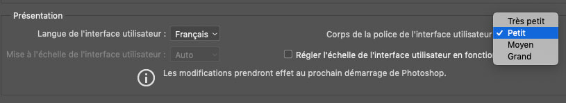 Menu taille du corps des textes de Photohop CC 2019