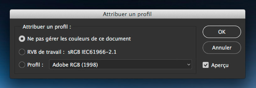 Menu -Attribuer un profil- dans Photoshop CC