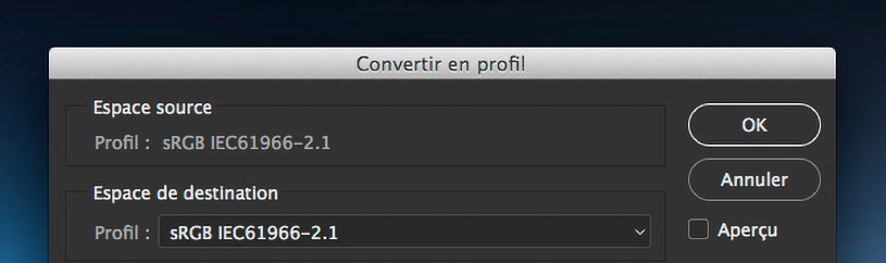 Menu -Convertir en profil- de Photoshop CC