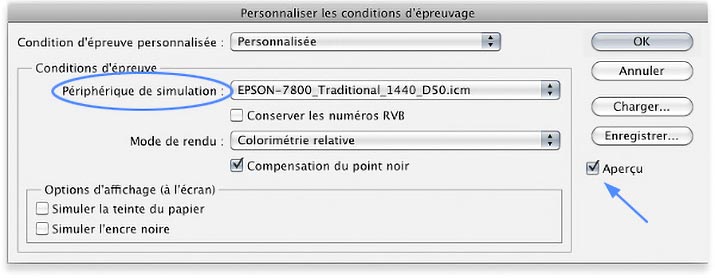 Menu -Personnaliser les conditions d'épreuvage- de Photoshop