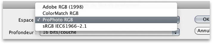 Choix d'espaces couleurs dans Camera Raw