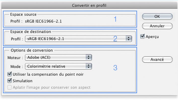 Menu -Convertir en profil- de Photoshop