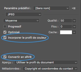 Menu  -Enregistrer pour le Web- de Photoshop avec options -Incorporer le profil- et -Convertir en sRVB.