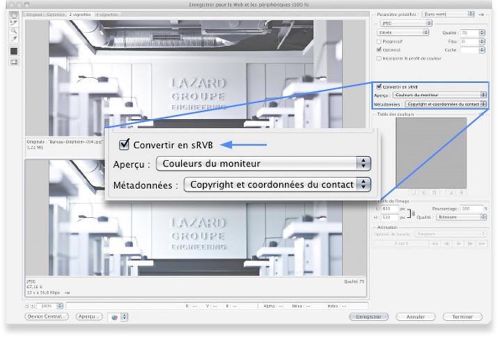 Bouton -Convertir en sRVB- du menu Enregistrer pour le Web de Photoshop