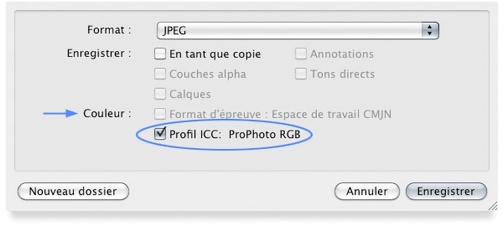 Option -incorporer le profil- du menu Enregistrer sous de Photoshop