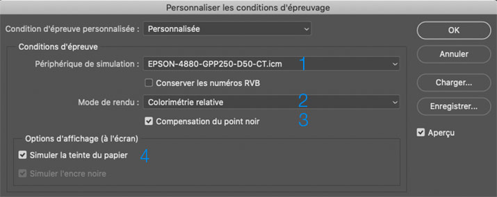 Menu -Personnaliser les conditions d'épreuvage- de Photoshop