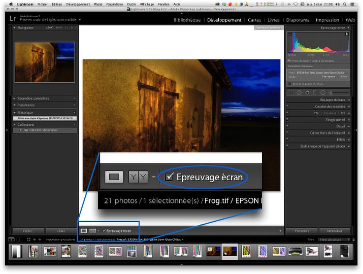 Option affichage épreuvage écran dans lightroom