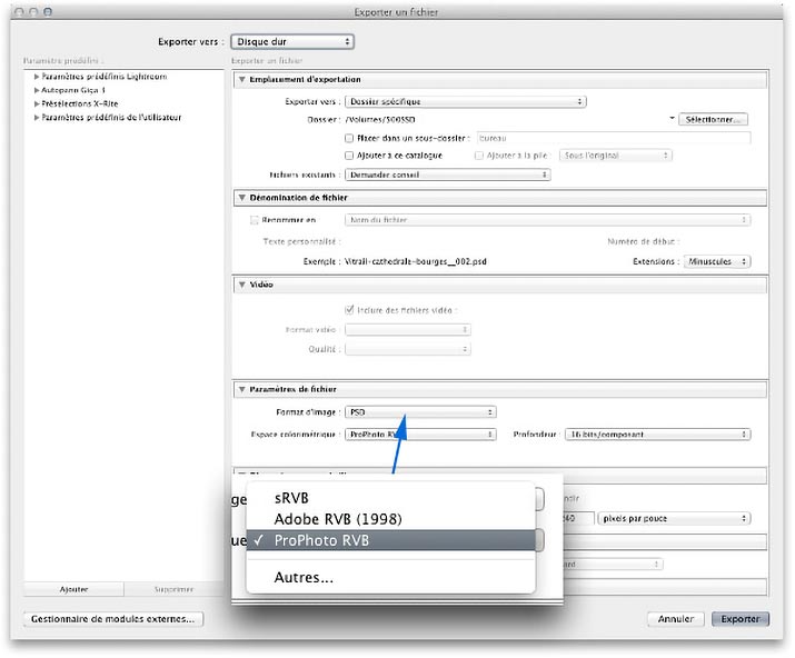 Menu - Exporter un fichier - de Lightroom