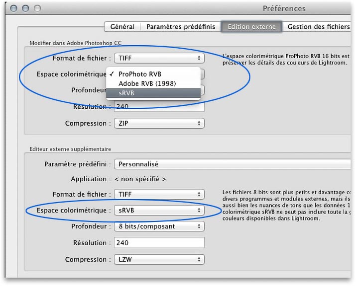 Préférences couleurs de Lightroom dans le menu Édition externe