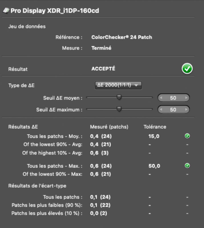 Delta E après calibrage de l'Eizo CG319X avec l'i1Display Pro
