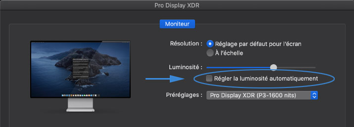 Préférences moniteur du MacBook Pro 15 pouces Apple de 2019 avec l'i1Display Pro