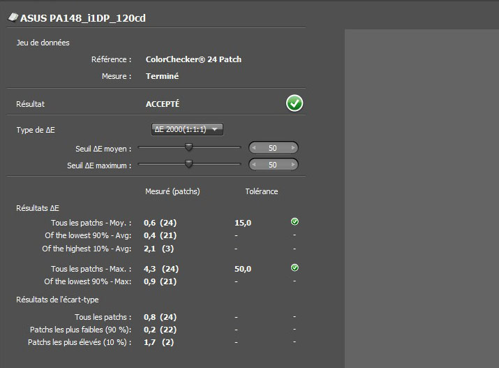 Delta e après le calibrage de l'Asus PA148CTV avec l'i1Display Pro