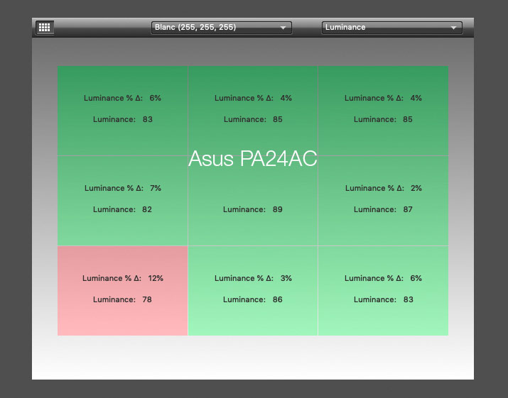 Uniformité en luminance après le calibrage de l'Asus PA24AC avec l'i1Display pro Uniformité en luminance après le calibrage de l'Asus PA24AC avec l'i1Display pro