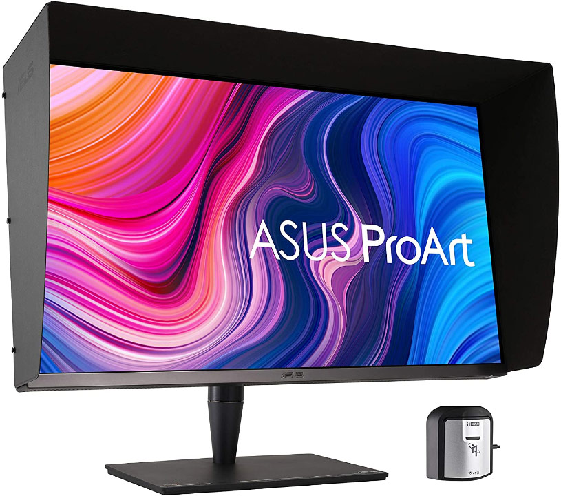 Écran Asus PA32UCG-K sa casquette sur-mesure et la sonde i1Display Pro X-Rite