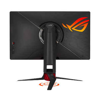 Asus ROG XG27UQ et ses lumières d'ambiance dans le pied et au dos.