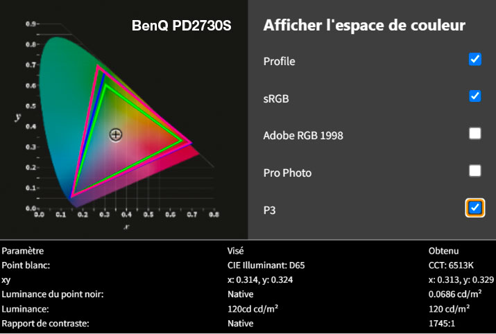 Rapport final après calibrage du BenQ PD2730S avec la Display PRO HL Calibrite