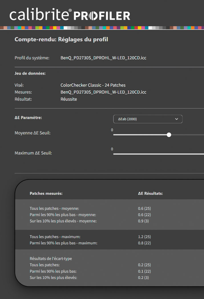 Mesure du Delta E après calibrage du BenQ PD2730S avec la Display PRO HL