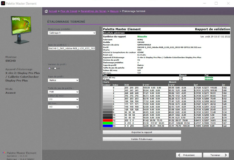 Rapport après calibration BenQ SW240 avec Palette Master Element