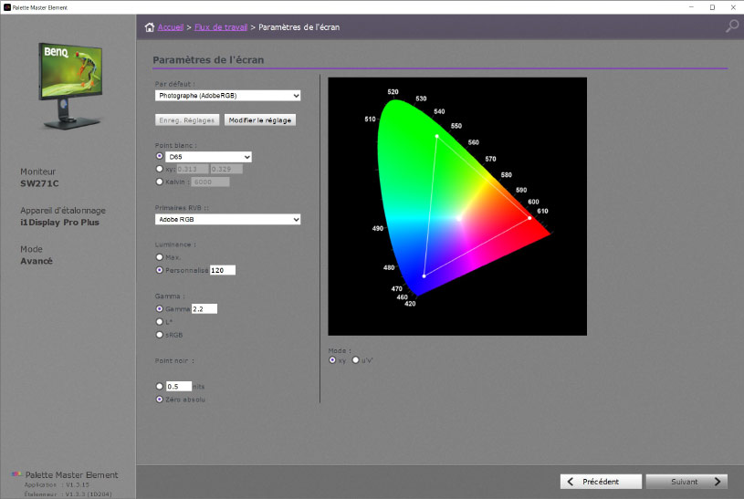 Paramètres écran de Palette Master Element sur le BenQ SW271C