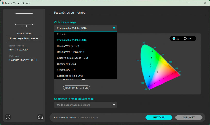 Paramètres écran de Palette Master Element sur le BenQ SW271C