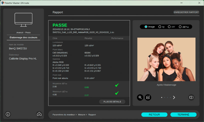 Rapport après calibrage BenQ SW272U avec Palette Master Ultimate