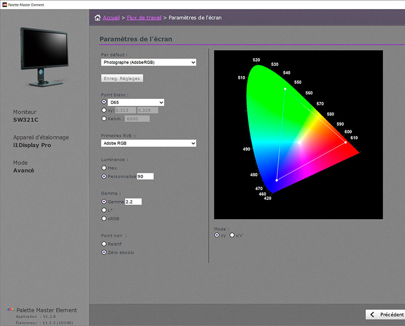 Choix des valeurs cibles dans Palette Master Element de BenQ