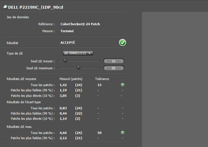 Delta E après calibrage du DELL P2219HC avec l'i1Display Pro