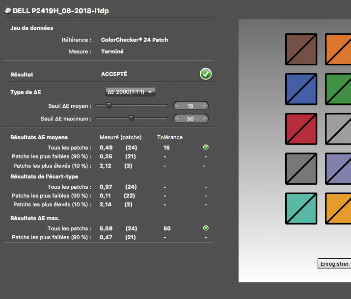 Delta E après calibrage du DELL P2419H avec l'i1Display Pro