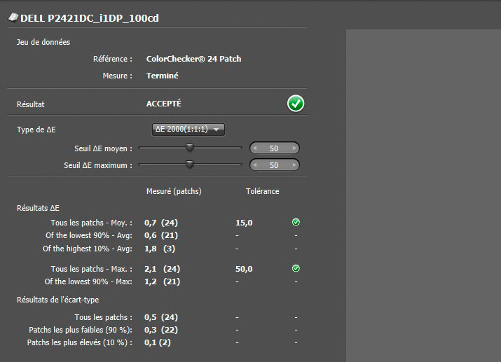 Delta E après calibrage du DELL P2421DC avec l'i1Display Pro