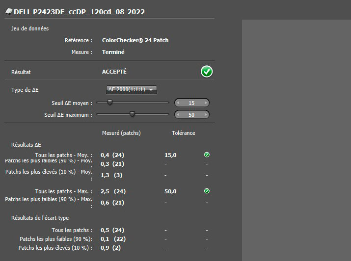 Delta E après calibration du DELL P2423DE avec le ColorChecker Display Pro