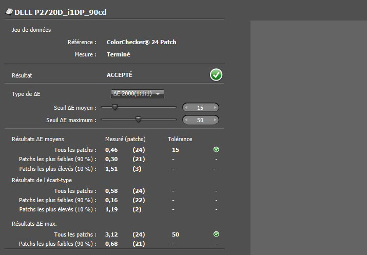 Delta E après calibrage du DELL P2720D avec l'i1Display Pro