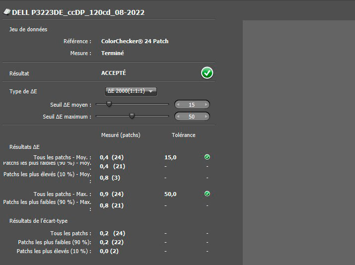 Delta E après calibration du DELL P3223DE avec le ColorChecker Display Pro