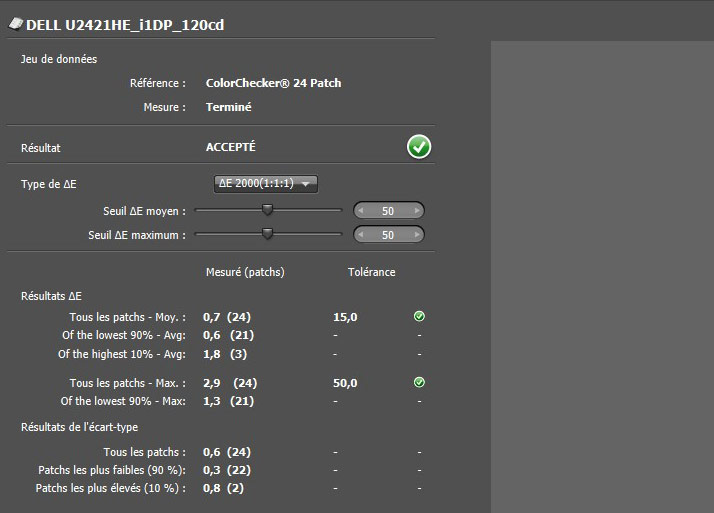 Delta E après calibrage du DELL U2421HC avec l'i1Display Pro