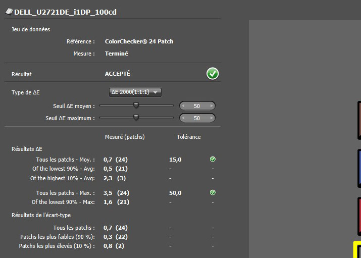 Delta E après calibrage du DELL U2719DC avec l'i1Display Pro