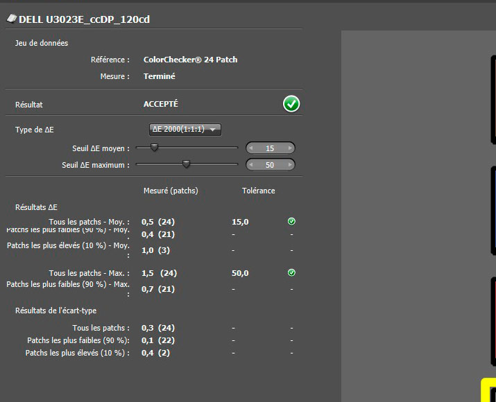 Delta E après calibration du DELL U3023E avec le ColorChecker Display Pro