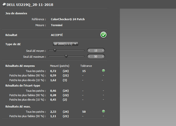 Delta E après calibrage du DELL U3219Q avec l'i1Display Pro