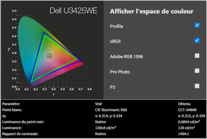 Rapport final après le calibrage du DELL U3425WE avec la Display Pro HL de Calibrite